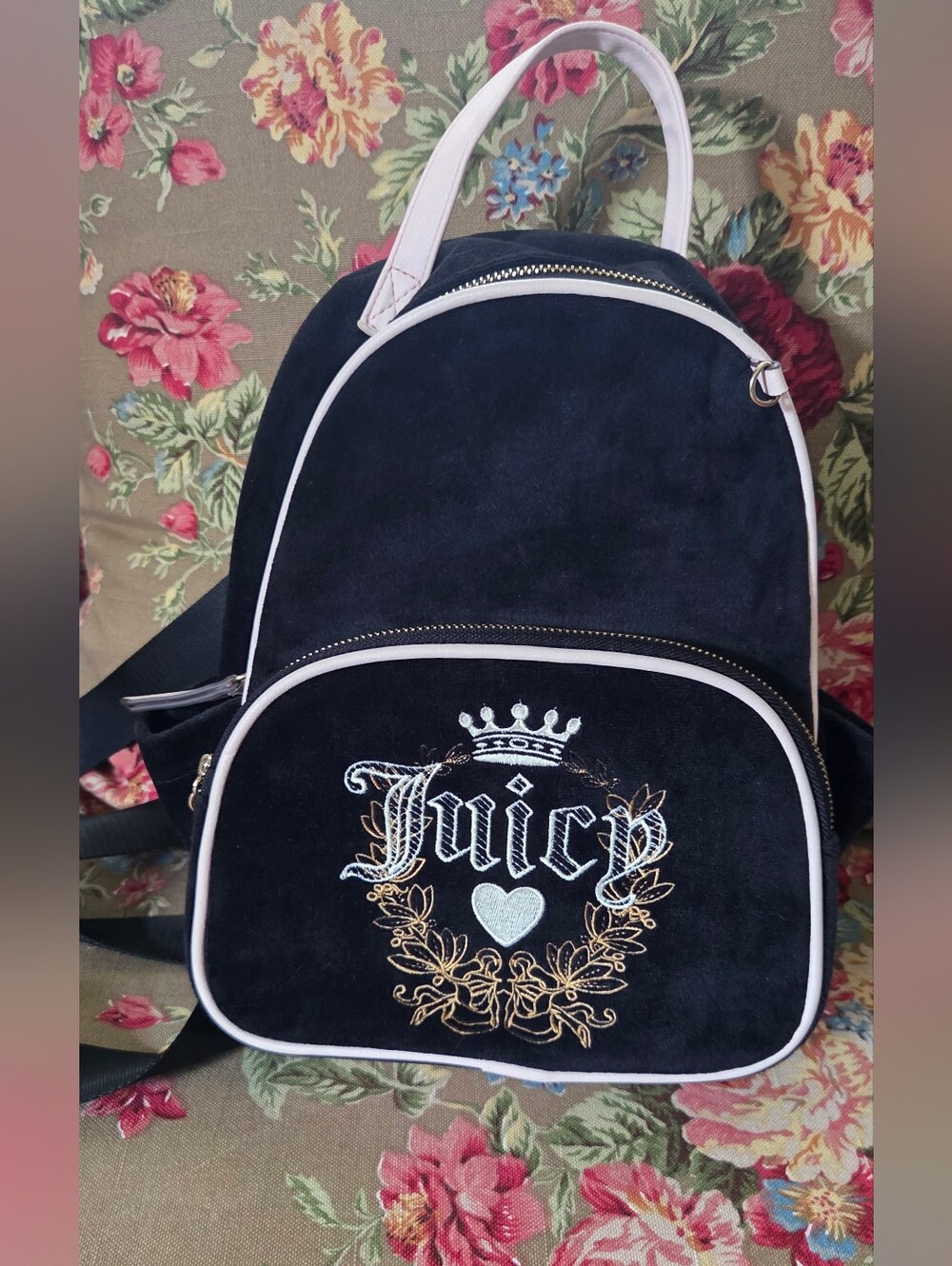Juicy Couture Heritage Black Velour Backpack with Pink Trim and Gold Embroidery